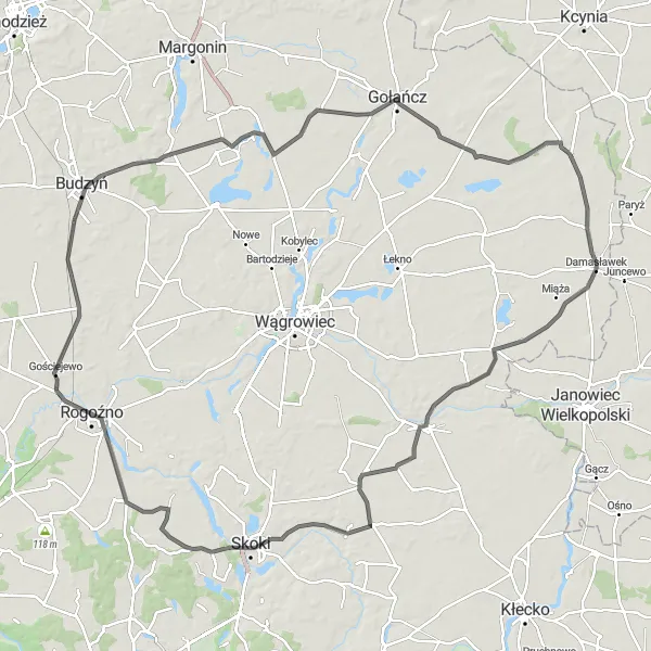 Map miniature of "Popowo Kościelne and Ruda Loop" cycling inspiration in Wielkopolskie, Poland. Generated by Tarmacs.app cycling route planner