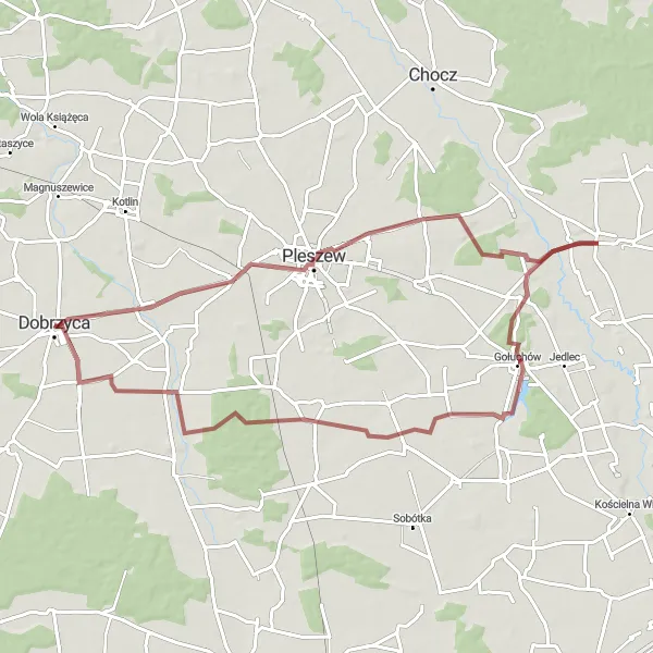 Map miniature of "Pleszew Gravel Adventure" cycling inspiration in Wielkopolskie, Poland. Generated by Tarmacs.app cycling route planner