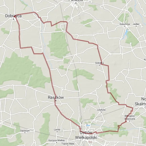 Map miniature of "Gravel Adventure to Koźminiec" cycling inspiration in Wielkopolskie, Poland. Generated by Tarmacs.app cycling route planner