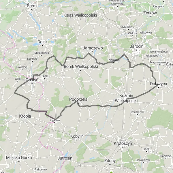 Map miniature of "Smogorzewo Loop" cycling inspiration in Wielkopolskie, Poland. Generated by Tarmacs.app cycling route planner