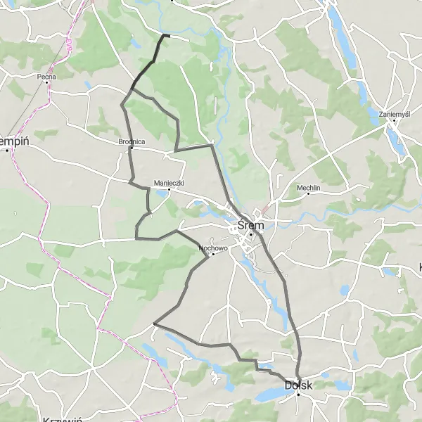 Map miniature of "Dolsk-Mórka-Żabno-Borgowo-Dolsk Road Cycling Route" cycling inspiration in Wielkopolskie, Poland. Generated by Tarmacs.app cycling route planner