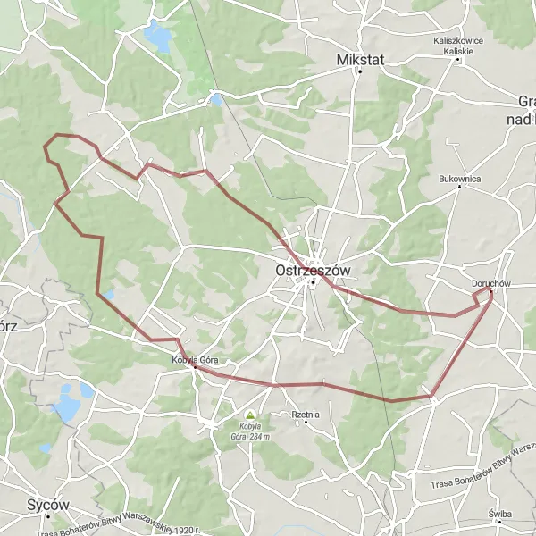 Map miniature of "Ostrzeszów Gravel Adventure" cycling inspiration in Wielkopolskie, Poland. Generated by Tarmacs.app cycling route planner