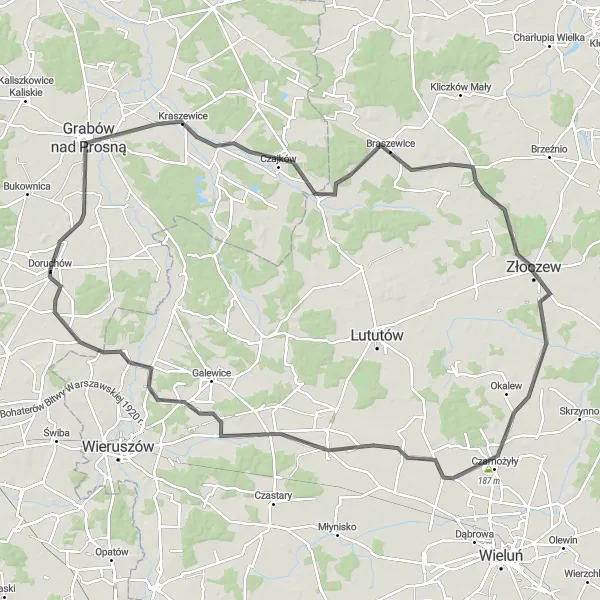 Map miniature of "Złoczew Loop" cycling inspiration in Wielkopolskie, Poland. Generated by Tarmacs.app cycling route planner