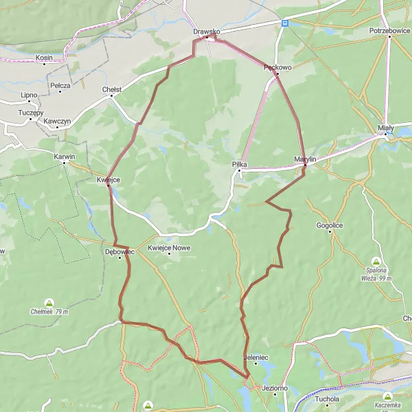 Map miniature of "Marylin and Kwiejce Gravel Loop" cycling inspiration in Wielkopolskie, Poland. Generated by Tarmacs.app cycling route planner