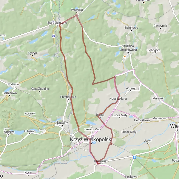 Map miniature of "Krzyż Wielkopolski and Stare Osieczno Gravel Ride" cycling inspiration in Wielkopolskie, Poland. Generated by Tarmacs.app cycling route planner