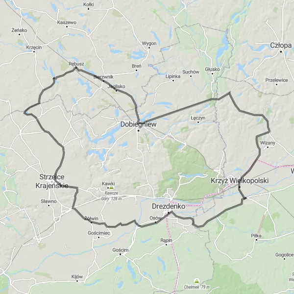 Map miniature of "Drawsko - Chełst - Trzebicz - Chłopowo - Kuźnica Żelichowska - Krzyż Wielkopolski" cycling inspiration in Wielkopolskie, Poland. Generated by Tarmacs.app cycling route planner