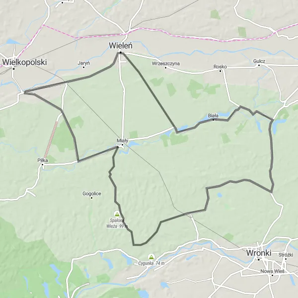 Map miniature of "Drawski Młyn - Hamrzysko - Rzecin - Spalona Wieża - Miały - Pęckowo" cycling inspiration in Wielkopolskie, Poland. Generated by Tarmacs.app cycling route planner
