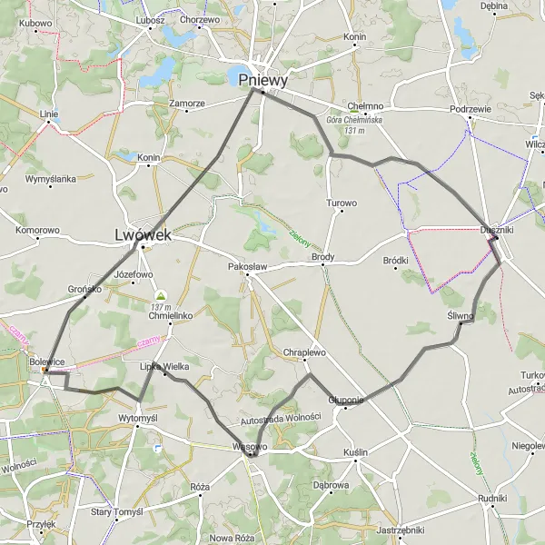 Map miniature of "The Historical Trail" cycling inspiration in Wielkopolskie, Poland. Generated by Tarmacs.app cycling route planner