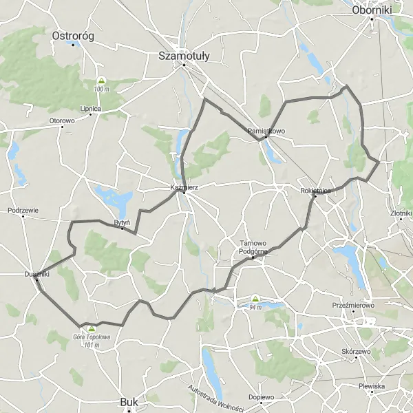 Map miniature of "Bytyń Road Ride" cycling inspiration in Wielkopolskie, Poland. Generated by Tarmacs.app cycling route planner