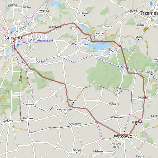 Miniatura mapy "Trasa Gravel wokół Gniezna" - trasy rowerowej w Wielkopolskie, Poland. Wygenerowane przez planer tras rowerowych Tarmacs.app