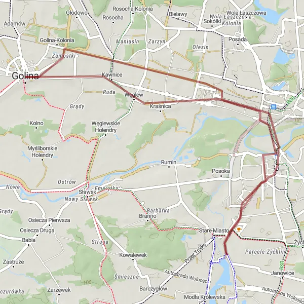 Map miniature of "Golina Gravel Adventure" cycling inspiration in Wielkopolskie, Poland. Generated by Tarmacs.app cycling route planner