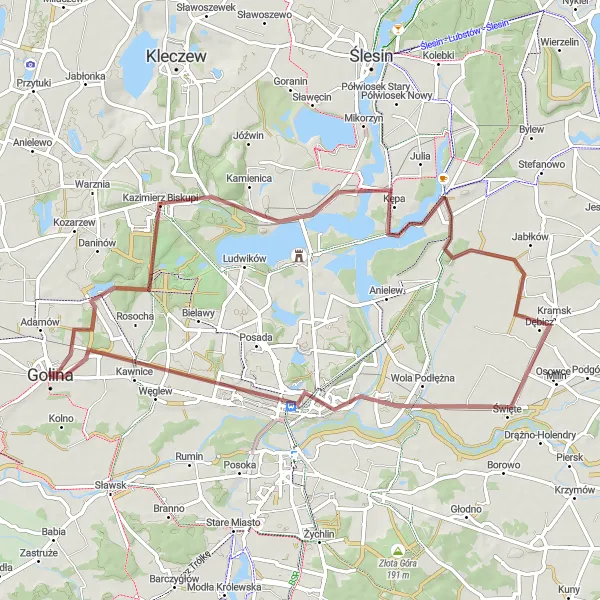 Map miniature of "Golina Gravel Loop" cycling inspiration in Wielkopolskie, Poland. Generated by Tarmacs.app cycling route planner