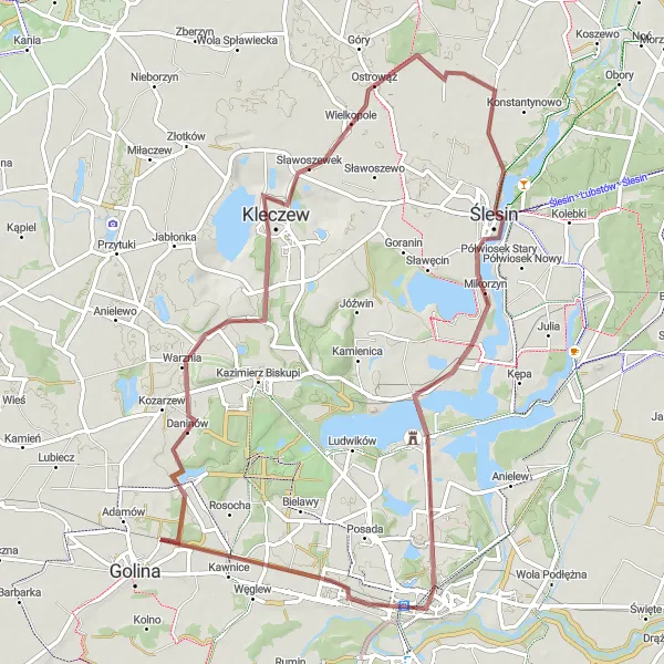 Miniatura mapy "Szlak przez Kleczew i Ślesin" - trasy rowerowej w Wielkopolskie, Poland. Wygenerowane przez planer tras rowerowych Tarmacs.app