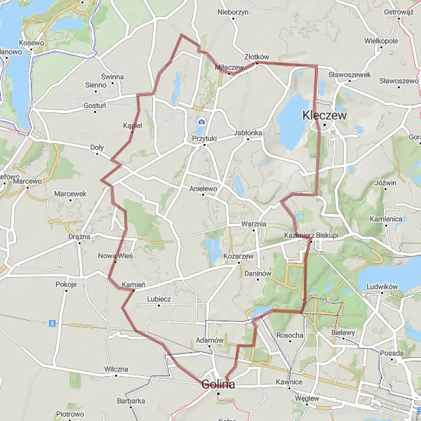 Miniatura mapy "Szlak przez Ostrowite i Kleczew" - trasy rowerowej w Wielkopolskie, Poland. Wygenerowane przez planer tras rowerowych Tarmacs.app