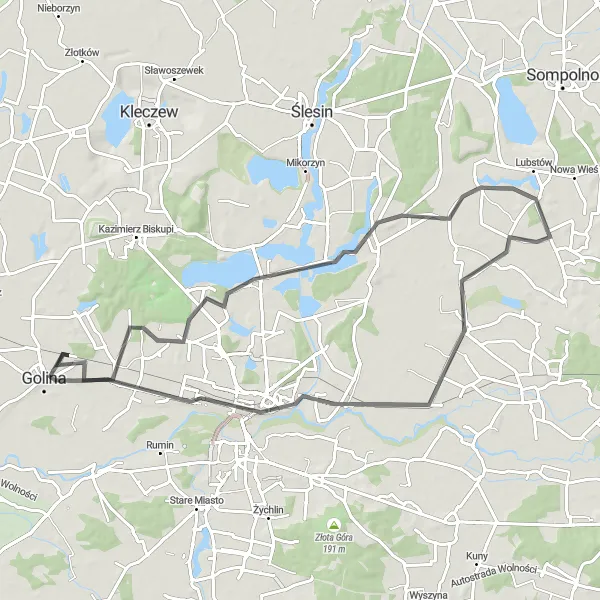 Miniatura mapy "Trasa z Lichenia Starego do Kramsk przez Konin i Golinę" - trasy rowerowej w Wielkopolskie, Poland. Wygenerowane przez planer tras rowerowych Tarmacs.app