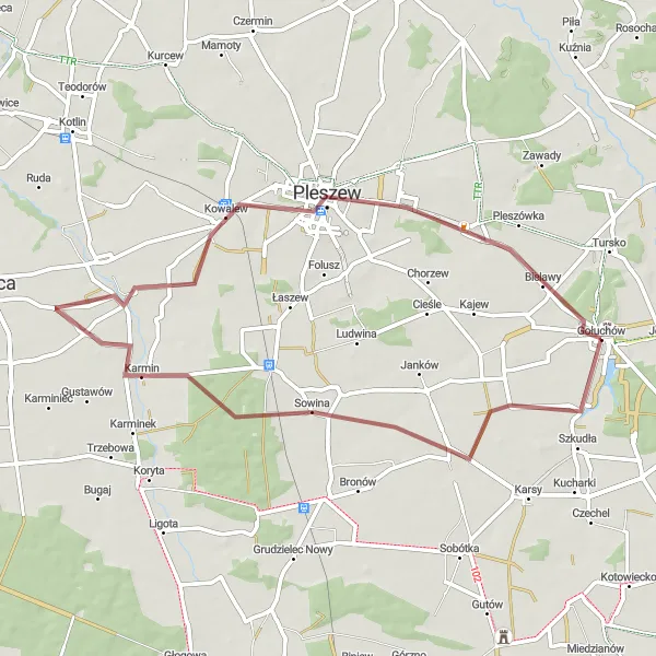 Map miniature of "Gołuchów Gravel Route" cycling inspiration in Wielkopolskie, Poland. Generated by Tarmacs.app cycling route planner