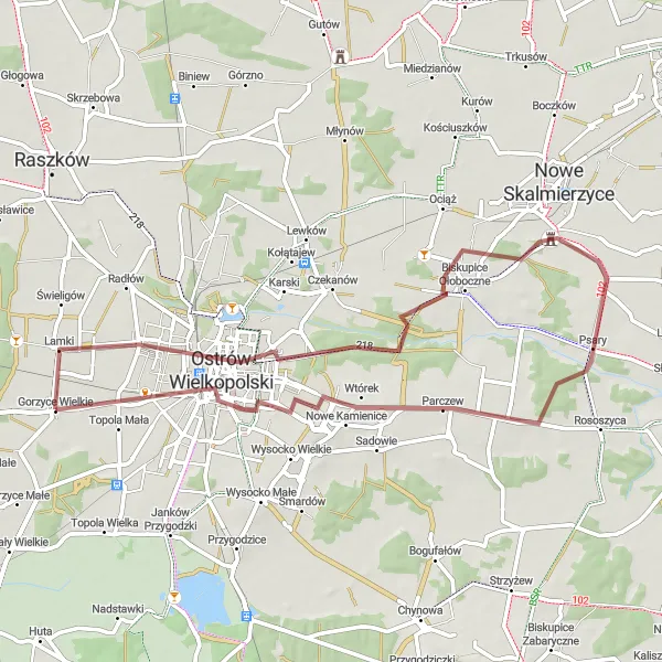 Map miniature of "Exploring Gorzyce Wielkie and Beyond" cycling inspiration in Wielkopolskie, Poland. Generated by Tarmacs.app cycling route planner