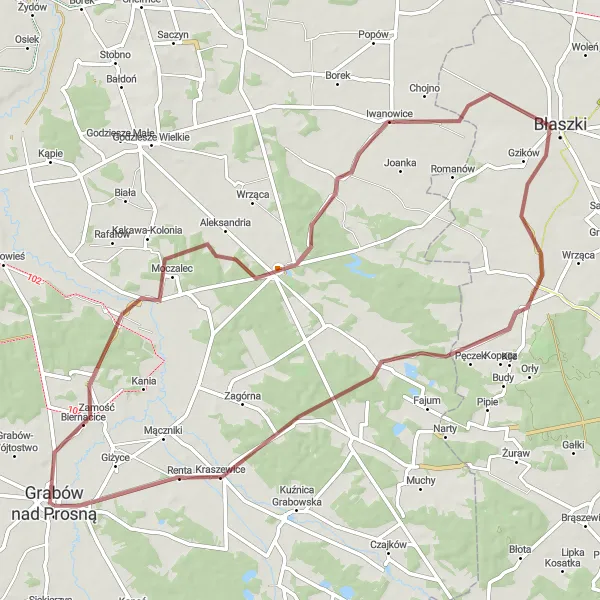 Miniatura mapy "Krótki przejazd gravelowy z Grabowa nad Prosną" - trasy rowerowej w Wielkopolskie, Poland. Wygenerowane przez planer tras rowerowych Tarmacs.app