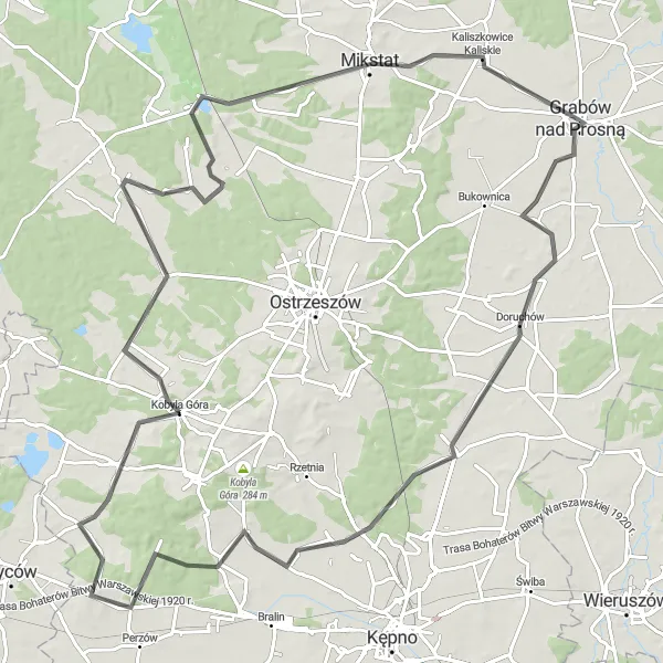Map miniature of "Prosną Loop" cycling inspiration in Wielkopolskie, Poland. Generated by Tarmacs.app cycling route planner