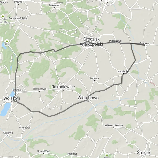 Map miniature of "Discovering Wolsztyn and Ptaszkowo" cycling inspiration in Wielkopolskie, Poland. Generated by Tarmacs.app cycling route planner