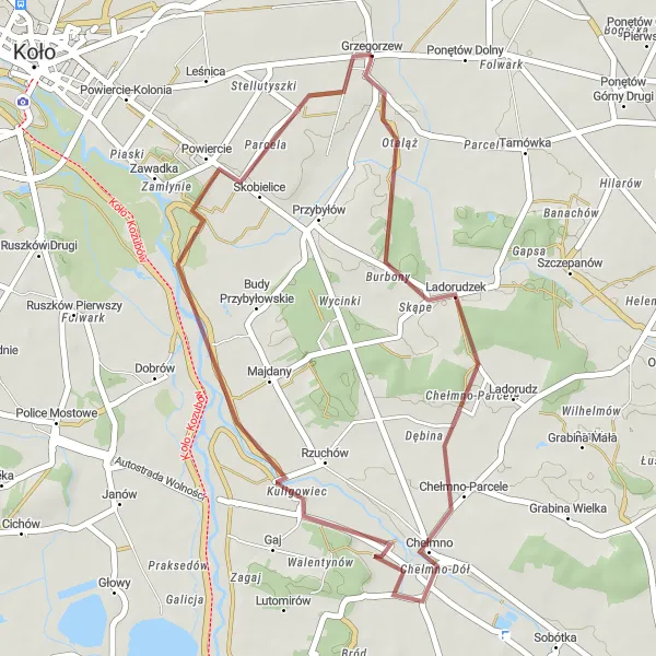 Map miniature of "Chełmno Adventure from Grzegorzew" cycling inspiration in Wielkopolskie, Poland. Generated by Tarmacs.app cycling route planner