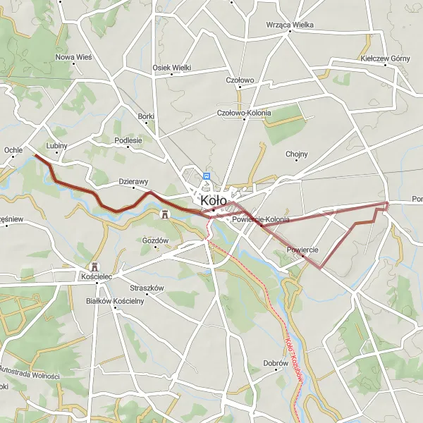 Map miniature of "Grzegorzew Loop via Powiercie and Dzierawy" cycling inspiration in Wielkopolskie, Poland. Generated by Tarmacs.app cycling route planner