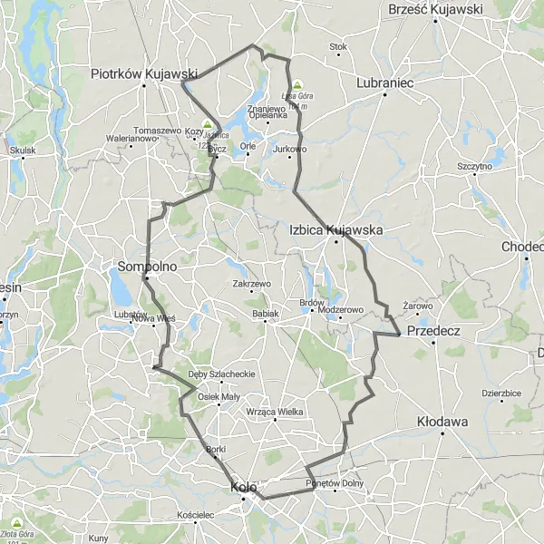 Map miniature of "Leśnica - Drzewce - Góra Jaźwica - Łysa Góra - Topólka - Izbica Kujawska - Bylice Route" cycling inspiration in Wielkopolskie, Poland. Generated by Tarmacs.app cycling route planner