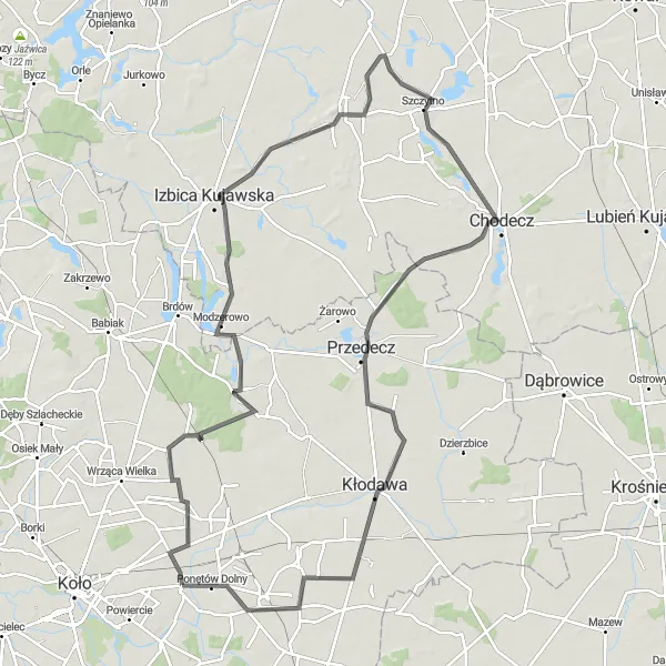 Map miniature of "The Charming Chodecz Road" cycling inspiration in Wielkopolskie, Poland. Generated by Tarmacs.app cycling route planner