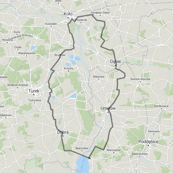 Map miniature of "The Scenic Road to Dobra" cycling inspiration in Wielkopolskie, Poland. Generated by Tarmacs.app cycling route planner