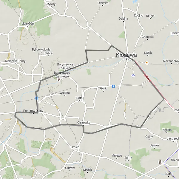 Map miniature of "Borysławice Kościelne Loop via Kłodawa and Olszówka" cycling inspiration in Wielkopolskie, Poland. Generated by Tarmacs.app cycling route planner