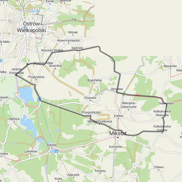 Map miniature of "Strzyżew Road Discovery" cycling inspiration in Wielkopolskie, Poland. Generated by Tarmacs.app cycling route planner