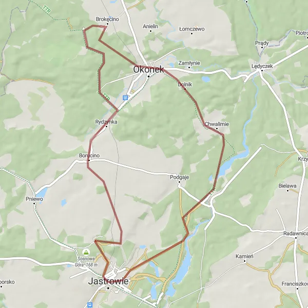 Map miniature of "Jastrowie and Surrounding Gravel Adventure" cycling inspiration in Wielkopolskie, Poland. Generated by Tarmacs.app cycling route planner