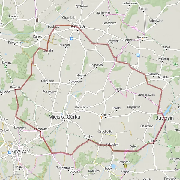 Miniatura mapy "Trasa Gravelowa przez Kawcze i Krobię" - trasy rowerowej w Wielkopolskie, Poland. Wygenerowane przez planer tras rowerowych Tarmacs.app