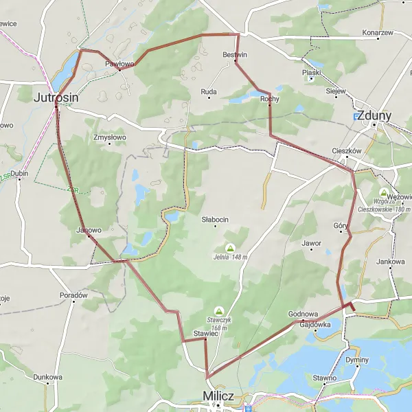 Miniatura mapy "Trasa przez Cieszków i Godnowa" - trasy rowerowej w Wielkopolskie, Poland. Wygenerowane przez planer tras rowerowych Tarmacs.app