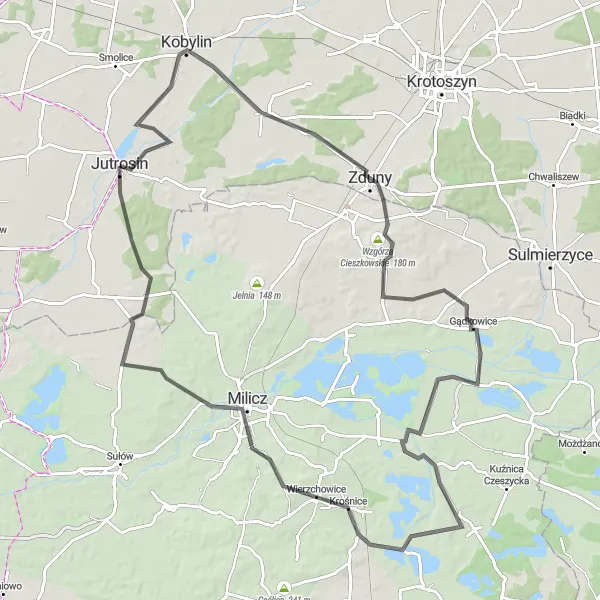 Map miniature of "Milicz Circuit" cycling inspiration in Wielkopolskie, Poland. Generated by Tarmacs.app cycling route planner