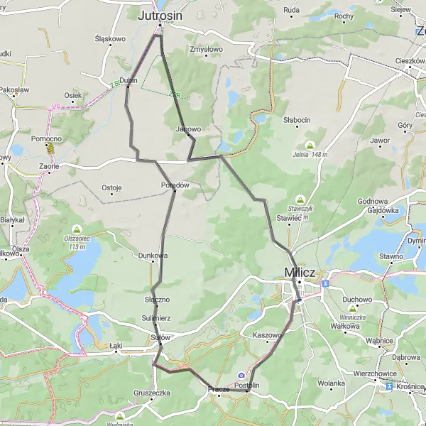 Map miniature of "Chmielnik Loop" cycling inspiration in Wielkopolskie, Poland. Generated by Tarmacs.app cycling route planner