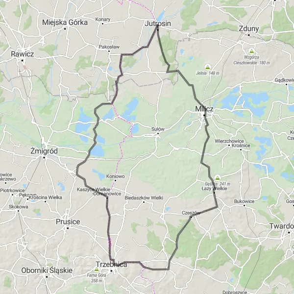 Map miniature of "Jutrosin Climbs" cycling inspiration in Wielkopolskie, Poland. Generated by Tarmacs.app cycling route planner