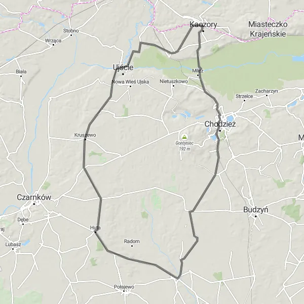 Map miniature of "Chodzież and Beyond" cycling inspiration in Wielkopolskie, Poland. Generated by Tarmacs.app cycling route planner