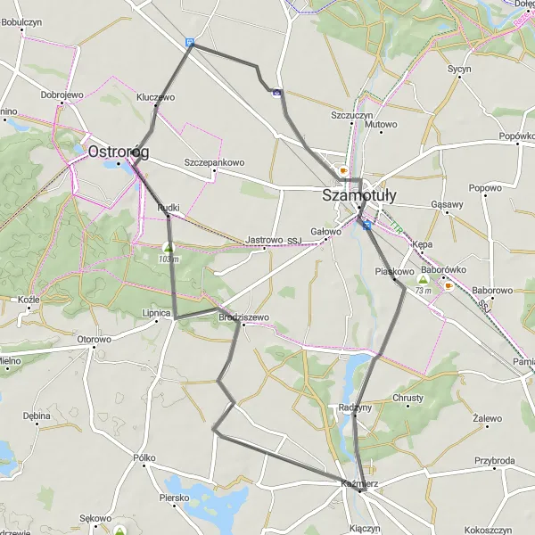 Miniatura mapy "Przejażdżka rowerowa do Rudków" - trasy rowerowej w Wielkopolskie, Poland. Wygenerowane przez planer tras rowerowych Tarmacs.app