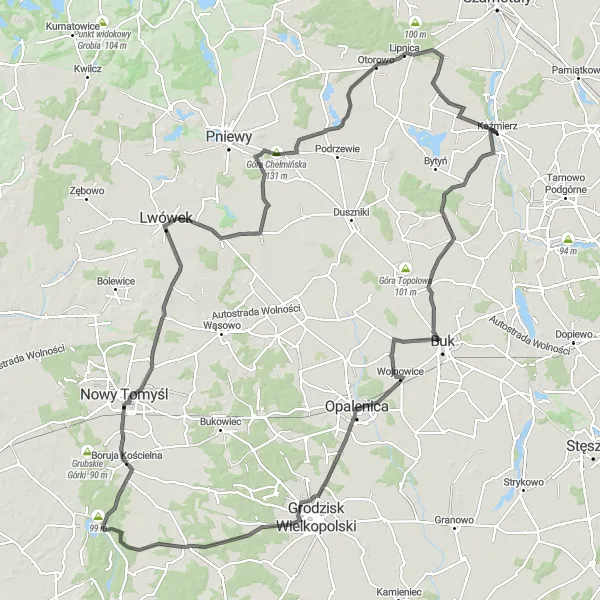Miniatura mapy "Szlak rowerowy przez okolice Kaźmierza" - trasy rowerowej w Wielkopolskie, Poland. Wygenerowane przez planer tras rowerowych Tarmacs.app
