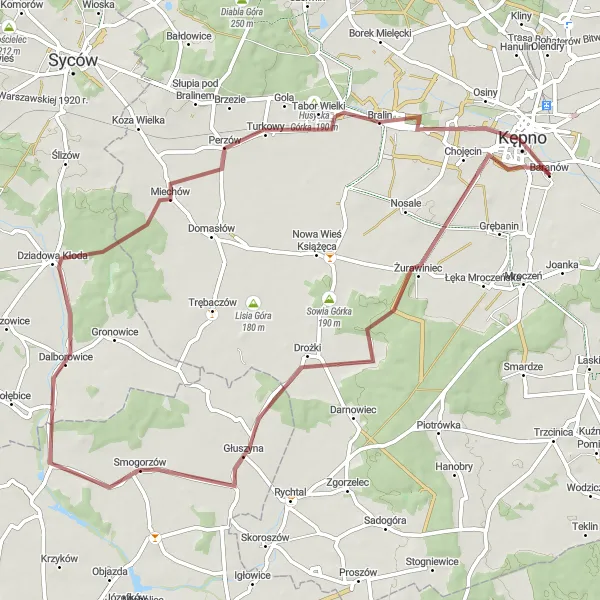 Map miniature of "Głuszyna and Bralin Gravel Adventure" cycling inspiration in Wielkopolskie, Poland. Generated by Tarmacs.app cycling route planner
