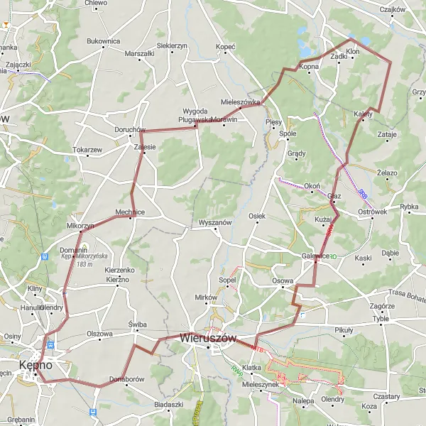 Map miniature of "Kępa Mikorzyńska and Donaborów Gravel Expedition" cycling inspiration in Wielkopolskie, Poland. Generated by Tarmacs.app cycling route planner