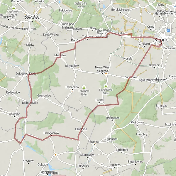Map miniature of "Drożki and Grobowa Góra Gravel Journey" cycling inspiration in Wielkopolskie, Poland. Generated by Tarmacs.app cycling route planner