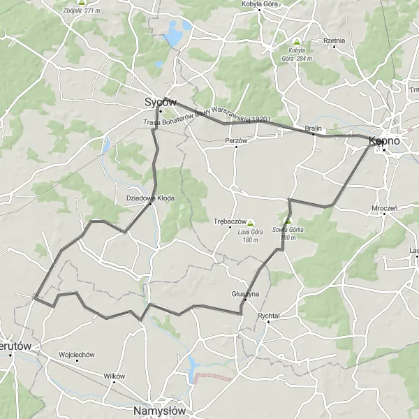 Miniatura mapy "Przez Sowią Górkę do Bralina" - trasy rowerowej w Wielkopolskie, Poland. Wygenerowane przez planer tras rowerowych Tarmacs.app