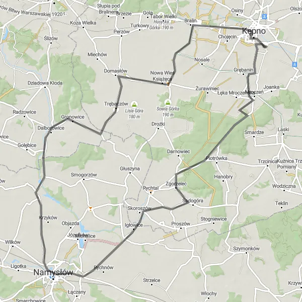 Miniatura mapy "Przez Młynarkę do Kępna" - trasy rowerowej w Wielkopolskie, Poland. Wygenerowane przez planer tras rowerowych Tarmacs.app