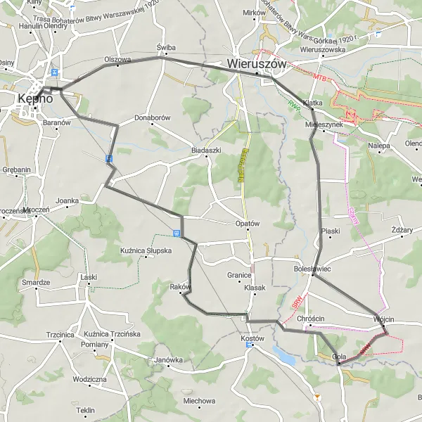 Miniatura mapy "Trasa do Wieruszowa" - trasy rowerowej w Wielkopolskie, Poland. Wygenerowane przez planer tras rowerowych Tarmacs.app