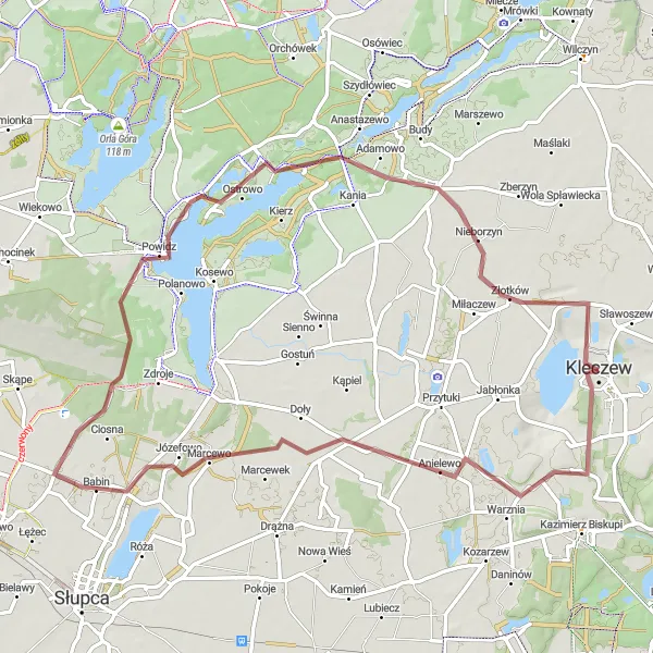 Miniatura mapy "Trasa z Kleczewa przez Nieświastów, Powidz i Jezioro Powidzkie" - trasy rowerowej w Wielkopolskie, Poland. Wygenerowane przez planer tras rowerowych Tarmacs.app