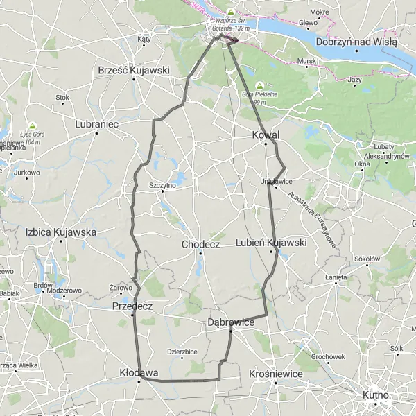 Map miniature of "Kłodawa Loop via Kaniewo and Dąbrowice" cycling inspiration in Wielkopolskie, Poland. Generated by Tarmacs.app cycling route planner