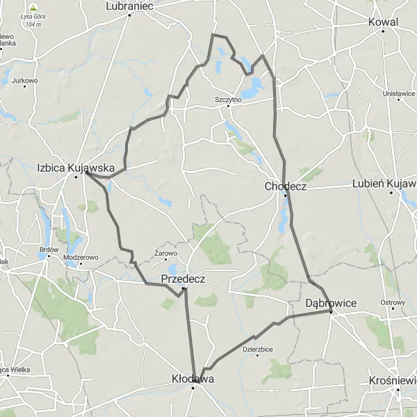 Map miniature of "Scenic Wielkopolska Adventure" cycling inspiration in Wielkopolskie, Poland. Generated by Tarmacs.app cycling route planner