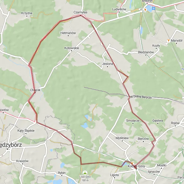 Miniatura mapy "Trasa Gravel: Kobyla Góra - Psia Góra" - trasy rowerowej w Wielkopolskie, Poland. Wygenerowane przez planer tras rowerowych Tarmacs.app